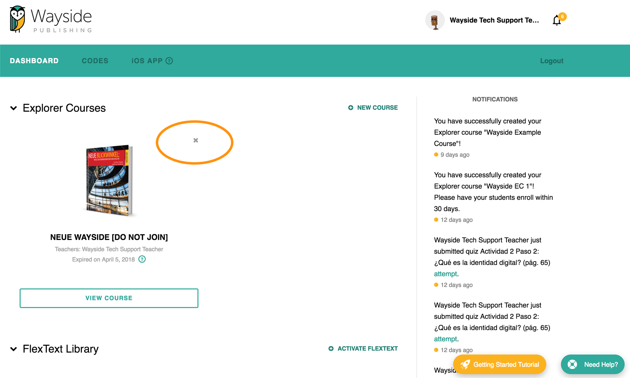 Once a course has expired, the user can select a gray X which appears on the top right of the of the book. There is an instructional yellow circle around the X to highlight its location..